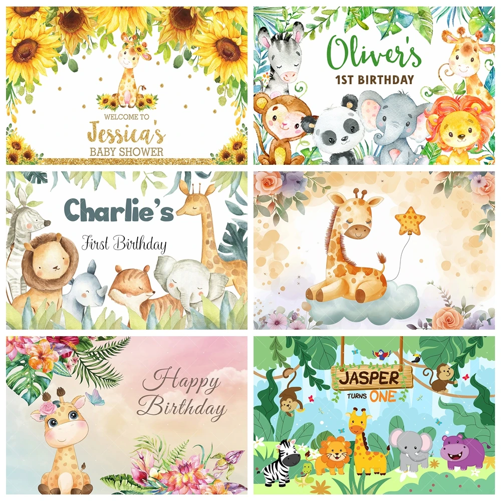 Kreskówka żyrafa tło nazwa własna wszystkiego najlepszego z okazji 1. dekoracje na przyjęcie urodzinowe baner Baby Shower fotografia tło kwiat dzikie zwierzę