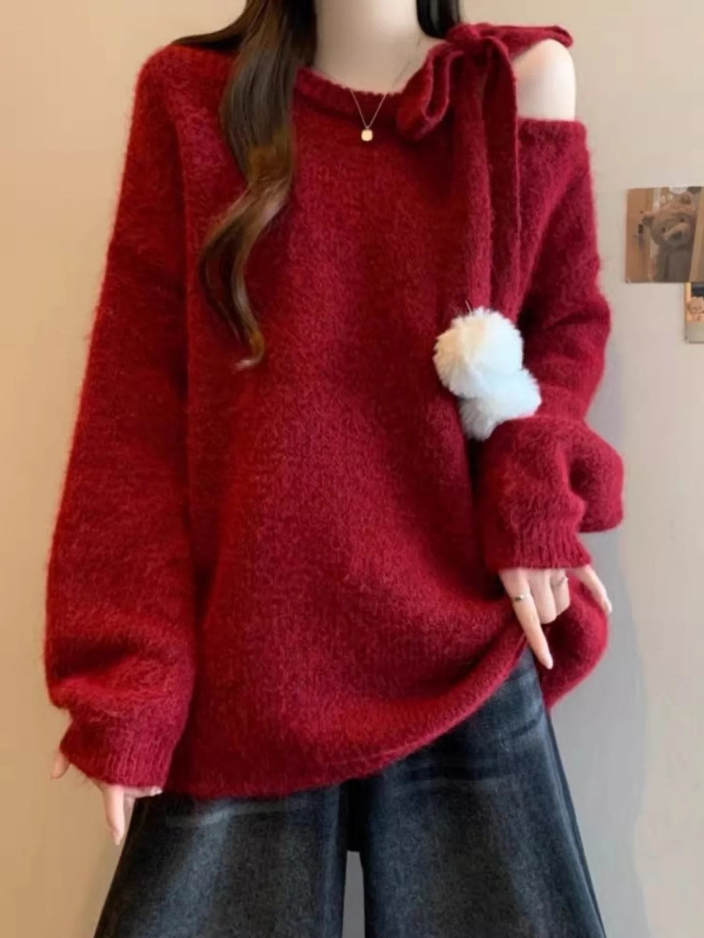 

Красный длинный свековый трикотаж, женский зимний мягкий пушистый топ большого размера с завязками на плечах, удобный мягкий топ для поездок на работу