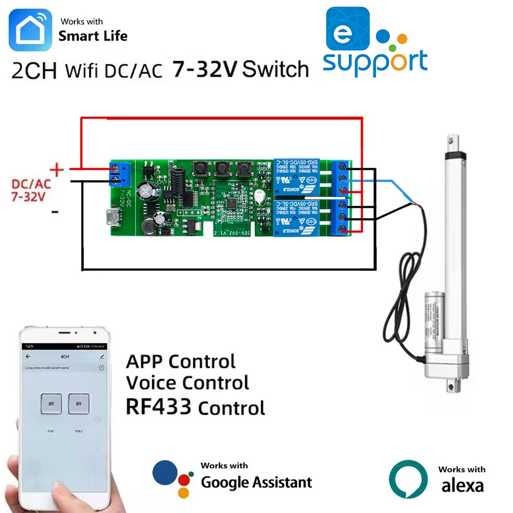 

Контроллер электродвигателя Ewelink Wifi с линейным приводом, DC12V 24 В 32 В, пульт дистанционного управления RF433, работает с приложением EWELINK, Alexa Google Home