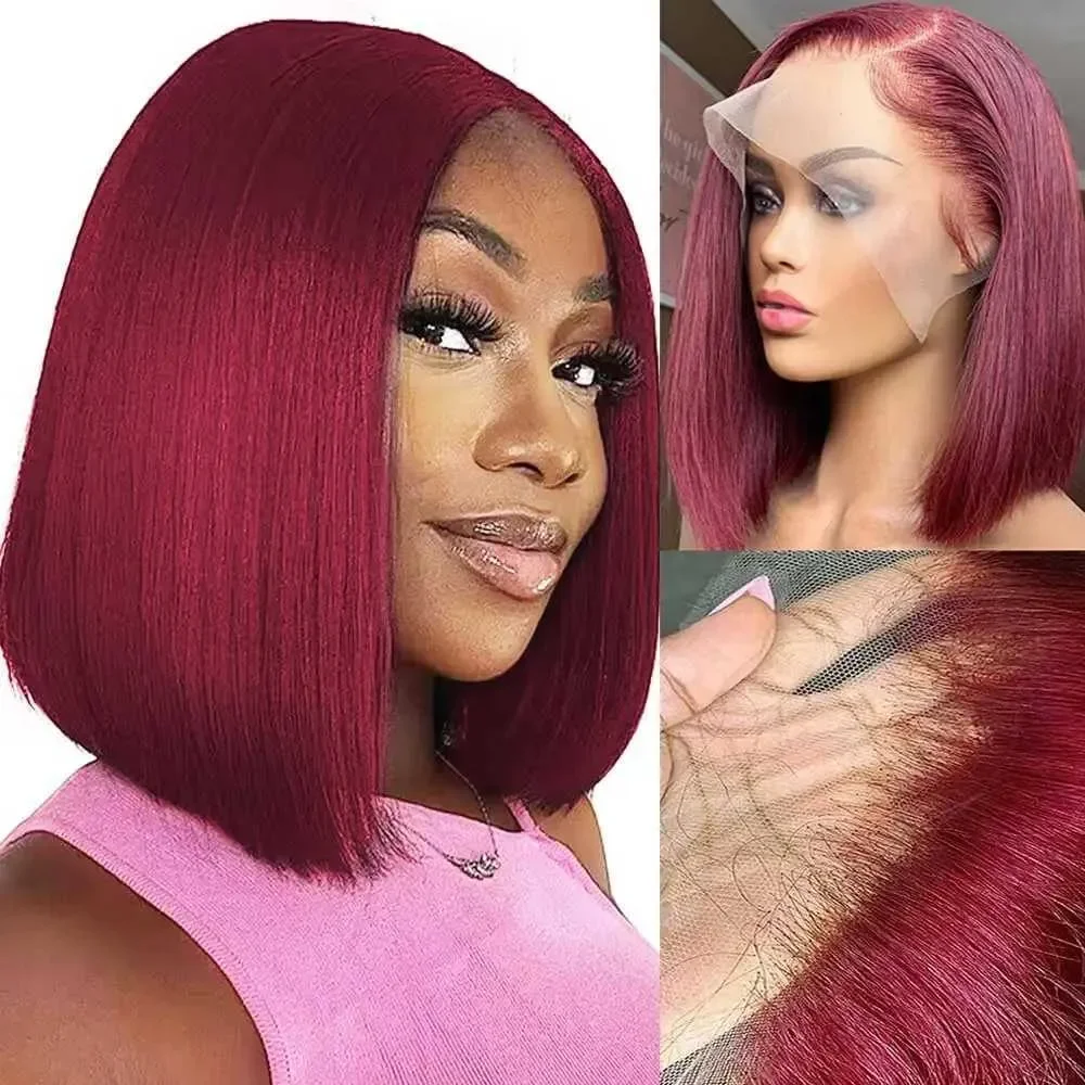 

13x4 HD lace frontal Wig 99J Burgundy Bob Wigs Human Hair 200 Density Short Bob Melt Skins Brazilian Hair For Women 10 inches