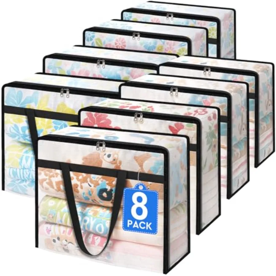 

8 Pack Clear Storage Bags for Comforter, Clothes and Bedding, Plastic Blanket Storage with Zipper and Handle, Moving Bags, Clos