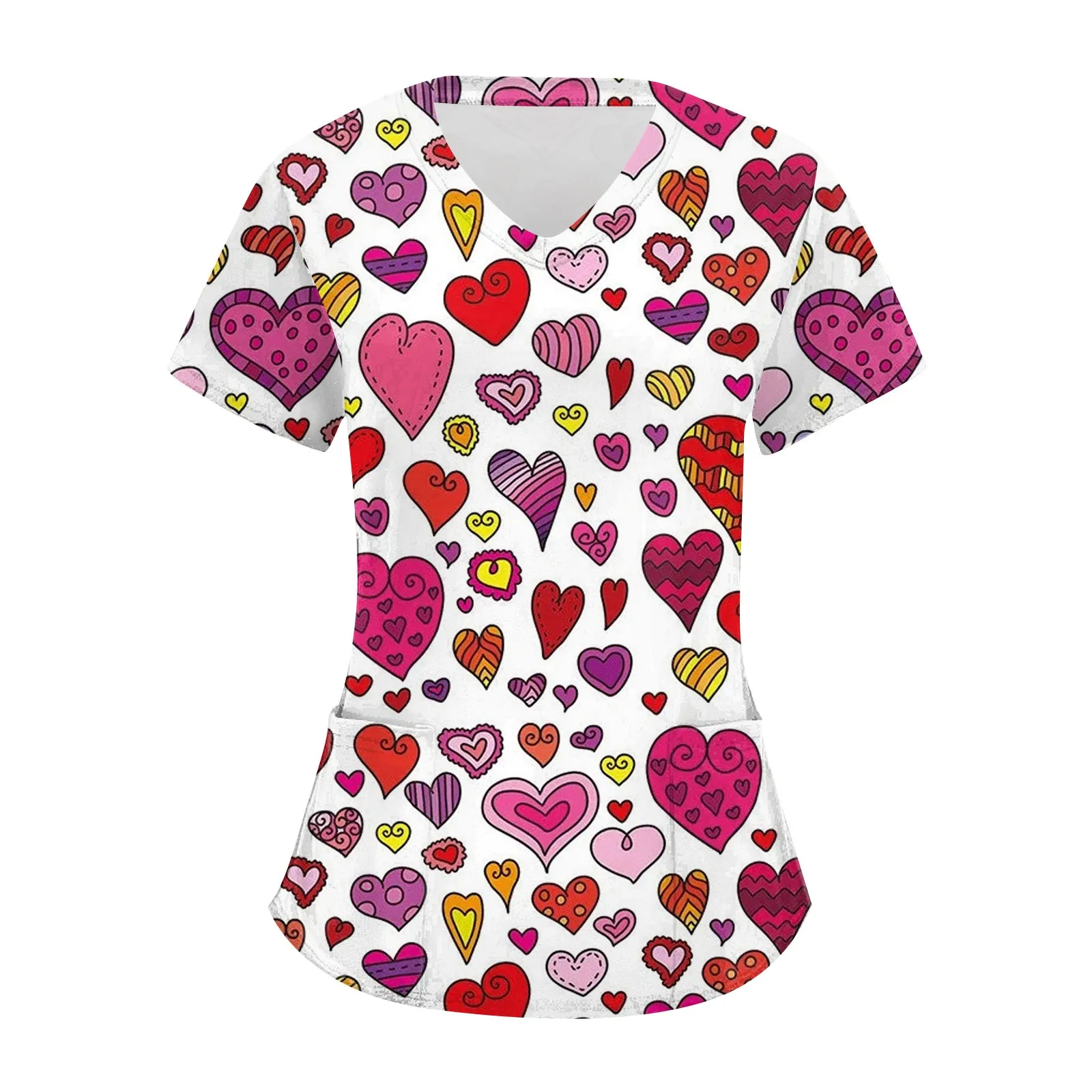 

Women's T-shirt Fashion Short Sleeve pullover Valentine's Day theme Printed V-Neck Pocket Work Clothing Medical Nurse blouse