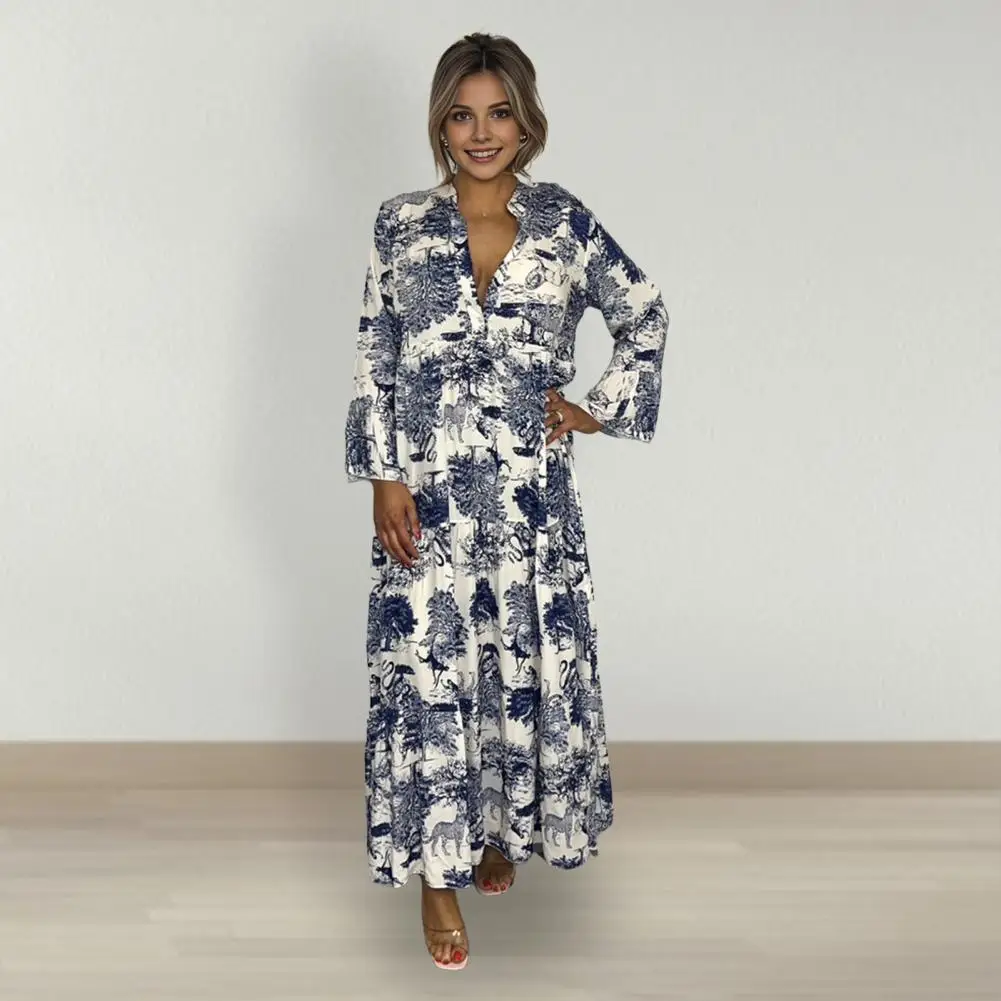 

A-line Silhouette Dress Elegant Floral Print V Neck Maxi Dress for Women Long Sleeve A-line Hem Patchwork Pleated Dress for Ol