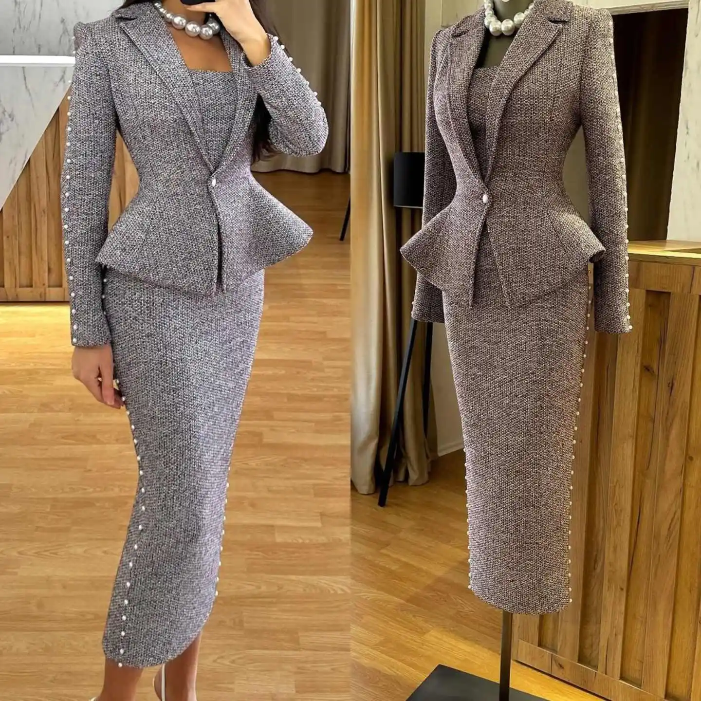 

Fashion Women Suit Slimming 2 Piece Blazer Skirt Single Breasted Bead Pearls Street Office Commute Special Occasion Customized