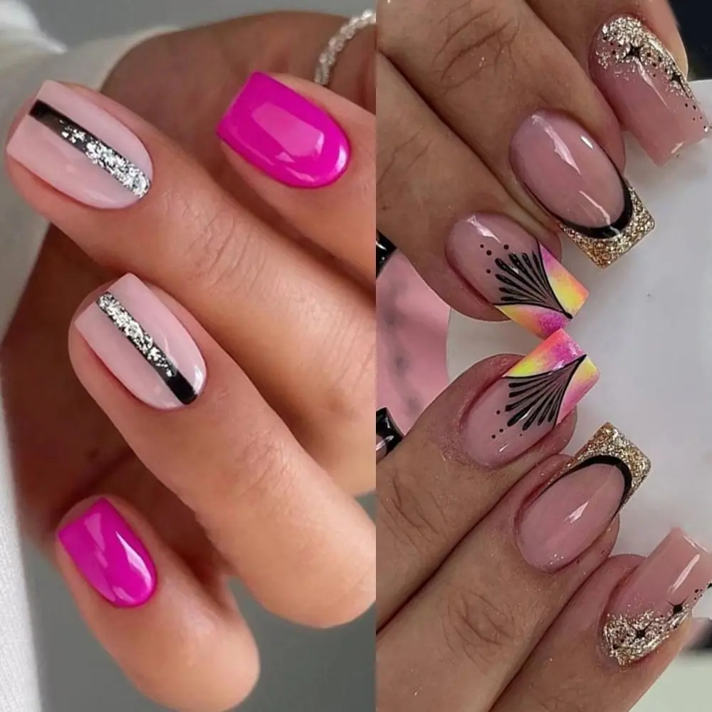 French False Nails New Long Square Glitter Black Gold Press on Nails Rose Red Crystal Fake Nials DIY