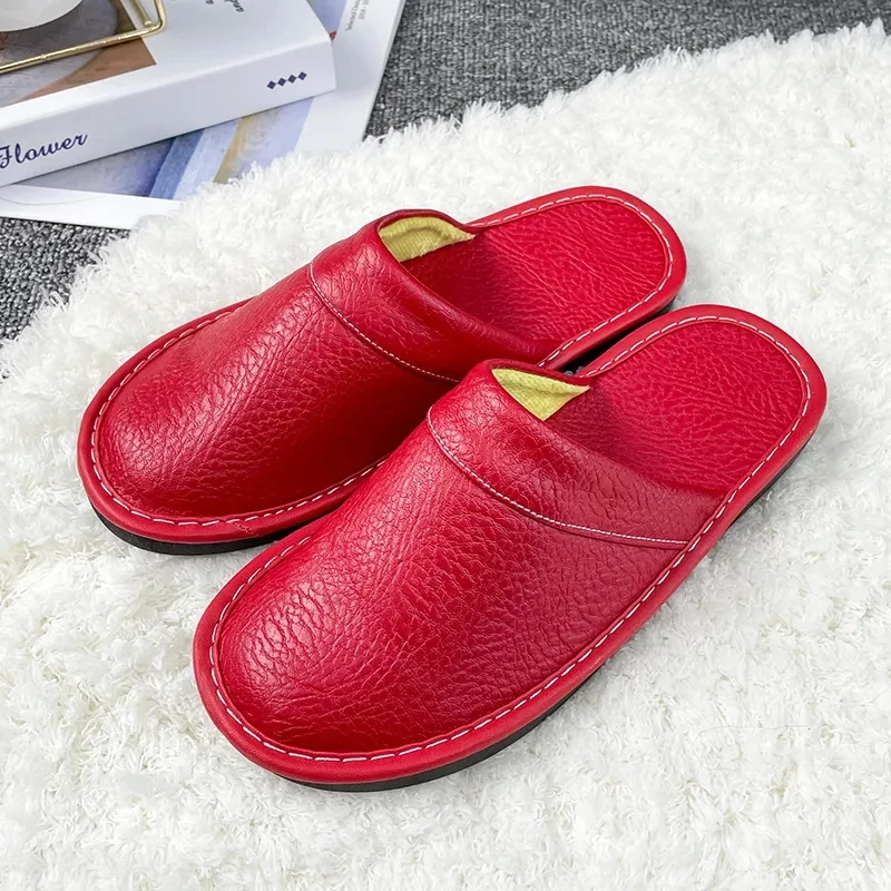 Black Home Leather Slippers Men\'s Indoor Flats Waterproof Autumn Lovers Shoes Classic House Couples Soft Leather Slippers