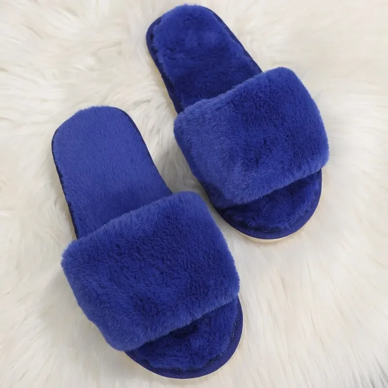 Winter Women Winter House Furry Slippers Non-Slip Casual Indoor Flats Floor Shoes Ladies Flip Flops Warm Shoes Solid Colors