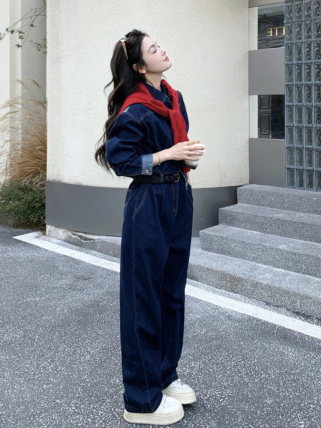 

Deep Blue Denim Overalls Women's High Waist Wide Leg Workwear Sle Heightening Slimming One-Piece Pants Spring Autumn New Ar...