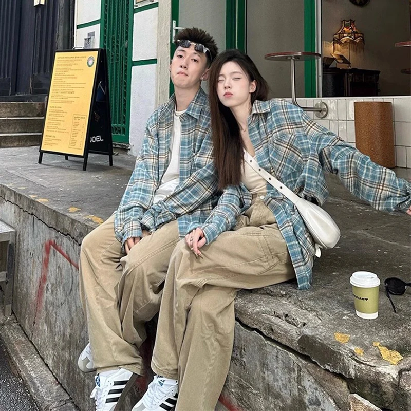 

2024 New Plaid Long Sleeve Men's Shirt Couple's Checkered Outerwear Spring Autumn American Retro Style Loose Fit Teen Fashion