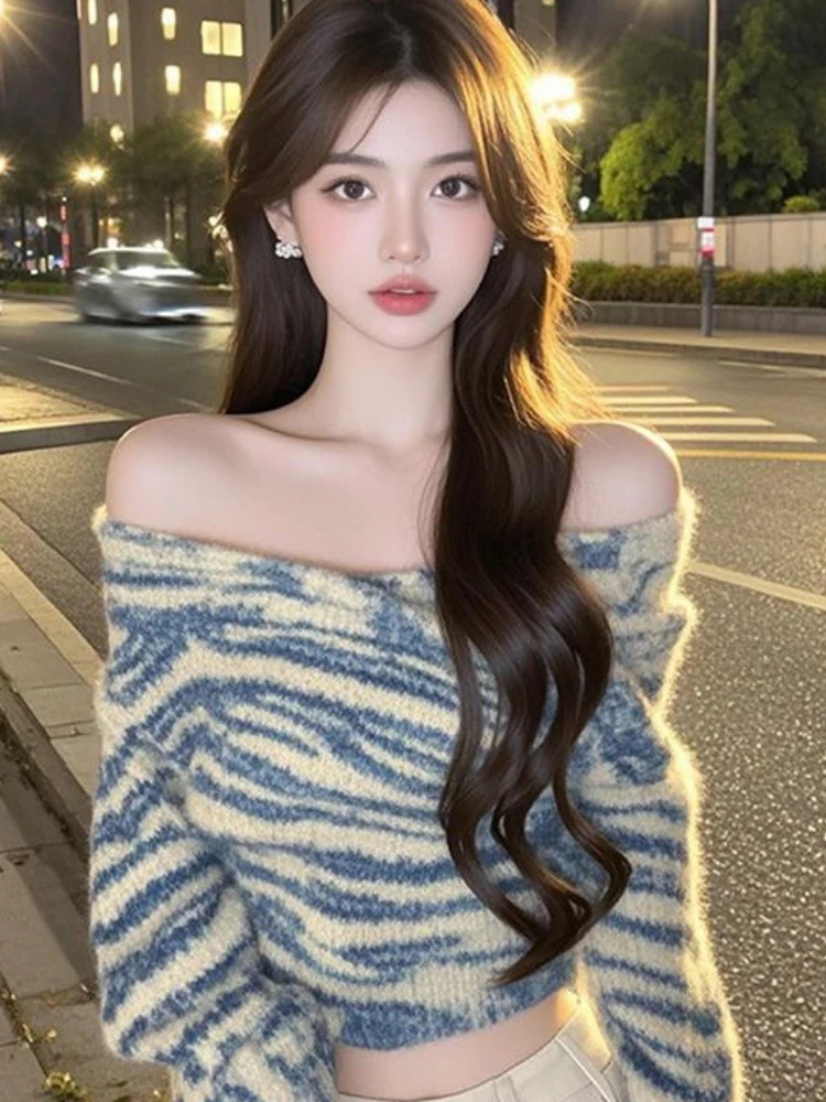 Fairy Sexy Stripe Slash Neck Cross Sweaters Vintage Women Grunge Bodycon Cropped Pullovers Y2k Aesthetic Casual Knitted Jumper