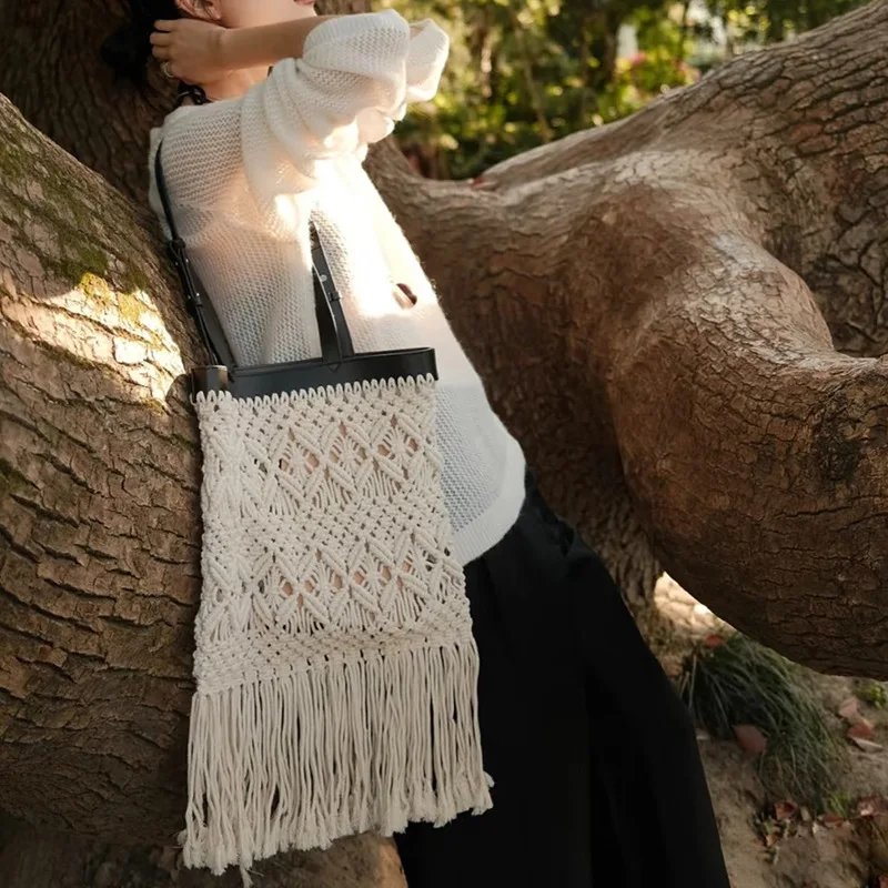 

Handmade braided bag 2025 new cotton thread braided bohemian one-shoulder tassel bag fashion ladies hand-held vacation beach bag