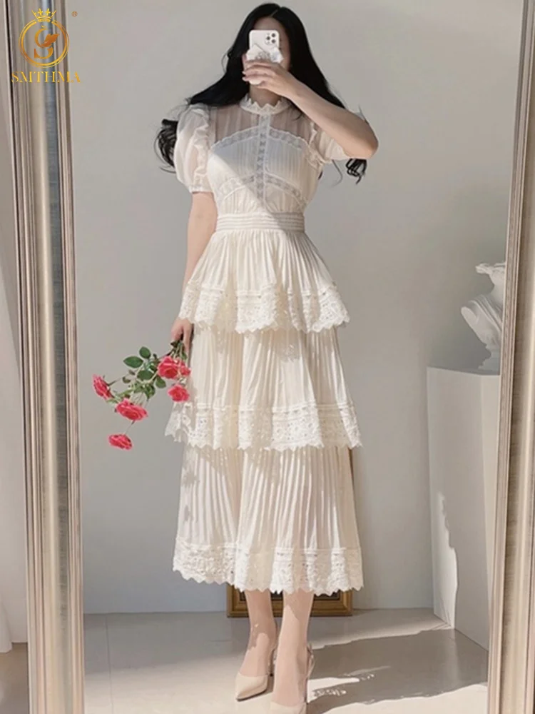 New Fashion Vintage Woman Summer Dress Ladies Puff Short Sleeve O-Neck Beige Elegant Party Dresses Female Lace Long Dress S-XXL