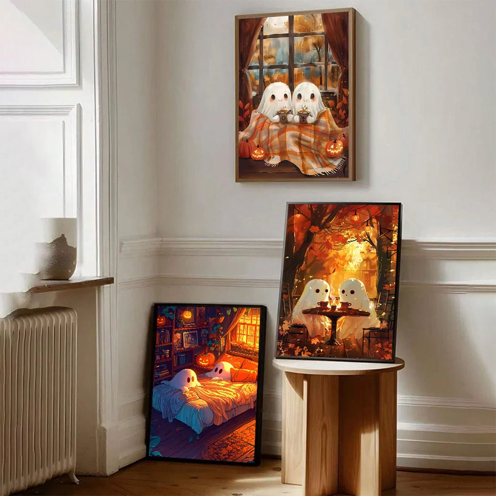 Cozy Halloween Ghost Duo Canvas Art – Cute Spooky Spirits in Autumn, Nordic Wall Decor Print for Living Room & Bedroom Poster