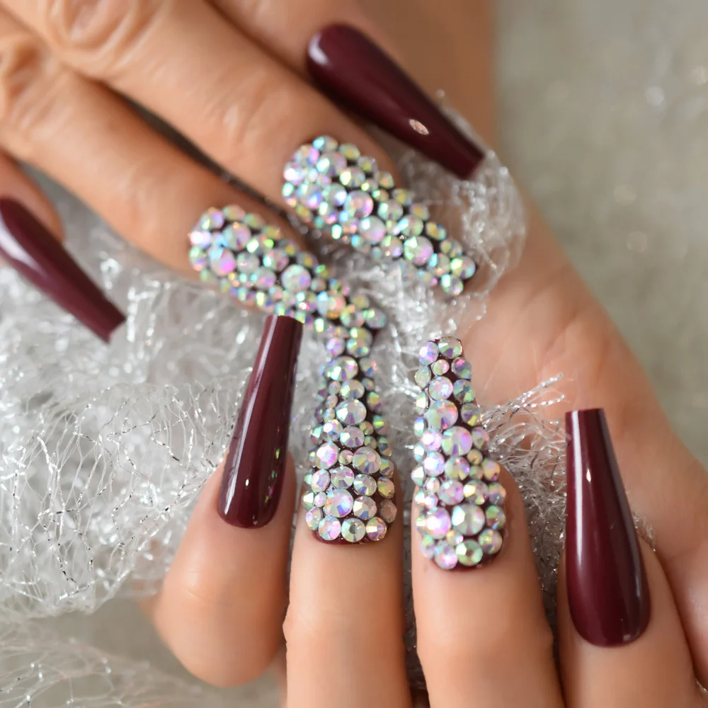 Volledige set vooraf ontworpen nep-nail art-tips Extra lang kastanjebruin rood taps toelopende ballerina-faux ongles Druk op nagels