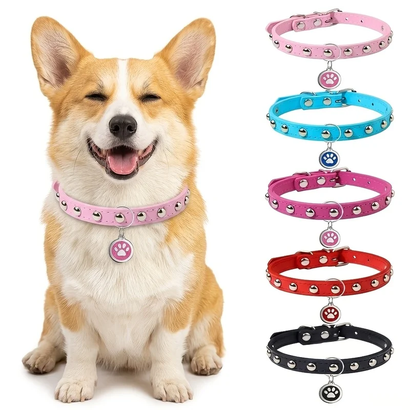 Rivet Pet Collar with Nameplate - Customizable Engraved Pet ID Tag for Name and Phone Number leather fabric