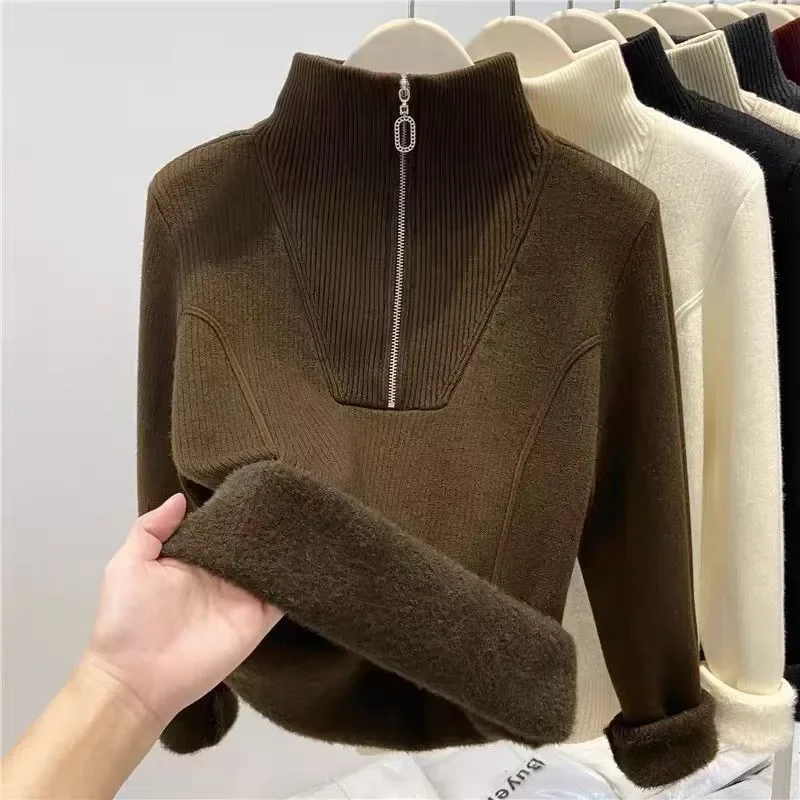 Winter Fleece-lined Warm Sweater Autumn Half Zip Stand Up Collar Sweater for Women Women Casual Loose Long Sleeves Pullover