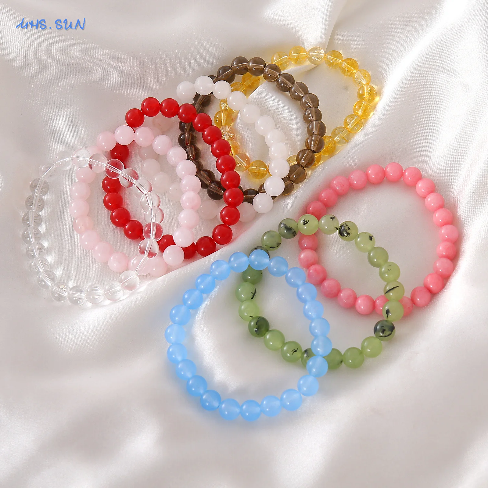 MHS.SUN 2Pcs/Set Colorful Natural Stone Beaded Bracelet For Women Men Aquamarine Powder Crystal Daily Jewelry Accessories