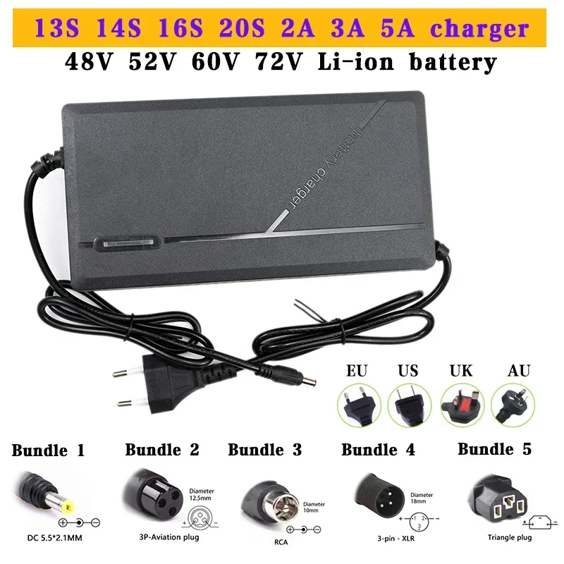 48V 52V 60V 72V 2A 3A 5A Charger 13S 14S 16S 20S Li-ion Battery Pack 54.6V 58.8V 67.2V 84V 2A 3A 5A Intelligent Fast Charging