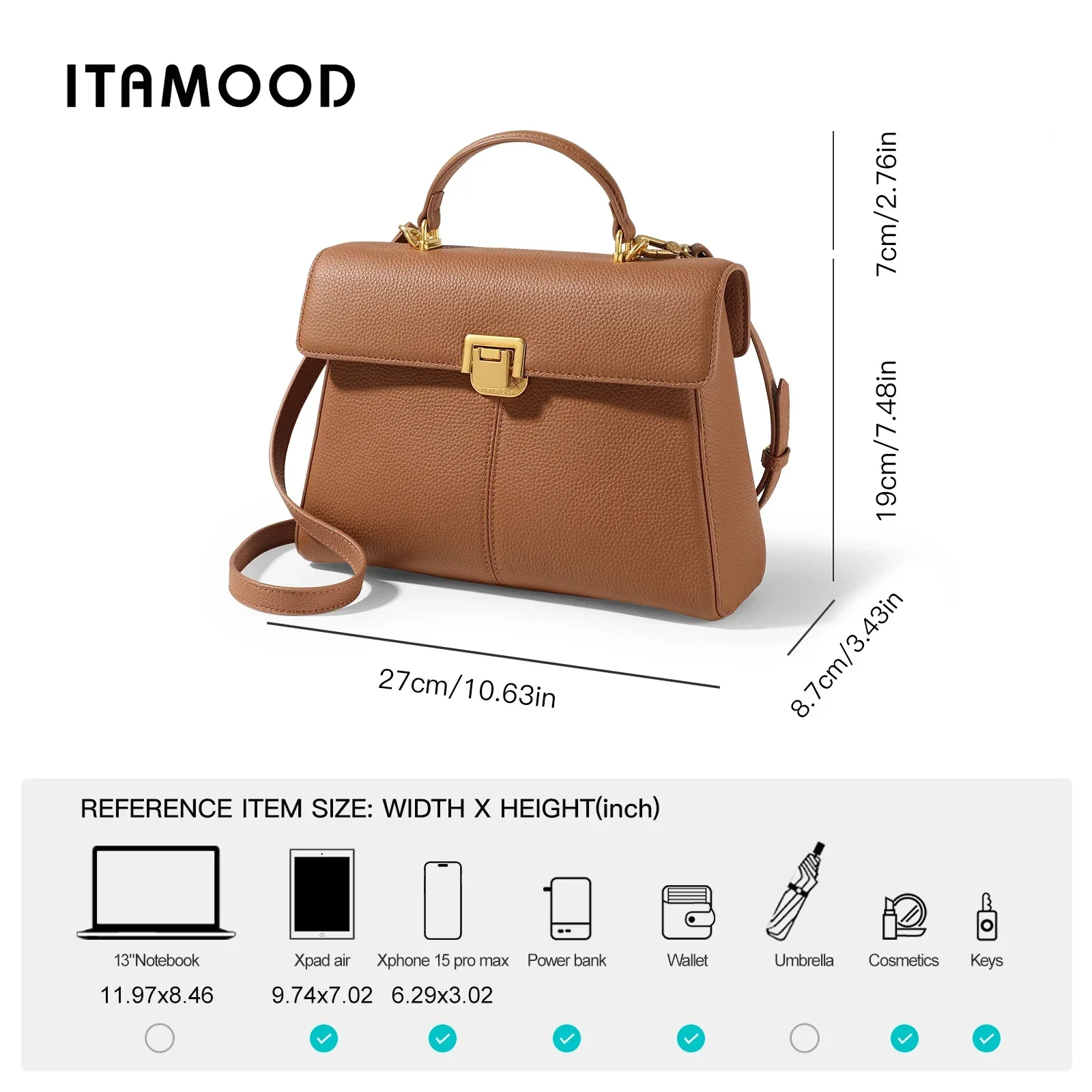 ITAMOOD Genuine Leather Handbag for Women Large Capacity Tote Crossbody Shoulder Bag Satchel Purse Fashionable and Versatile