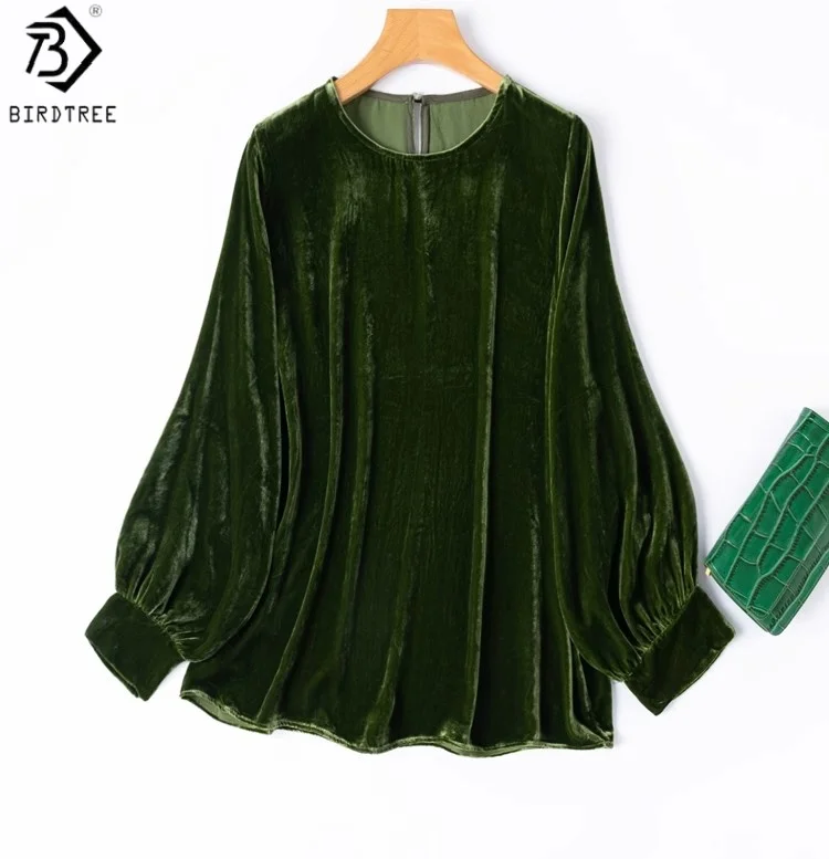 

Birdtree Base Fabric 100% Mulberry Silk Velvet Blouse,Women Lantern Sleeve 2025 Autumn Shirt,O-neck Loose Pullover Tops T59618JF