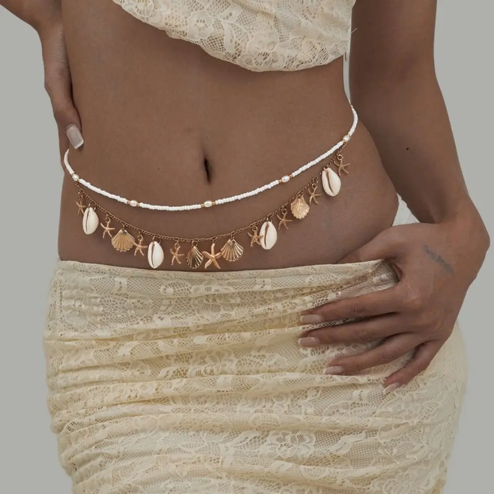 Fashion Alloy Waistband Bohemia Style Imitation Pearl Conch Pendant Waist Chain Body Chain Women