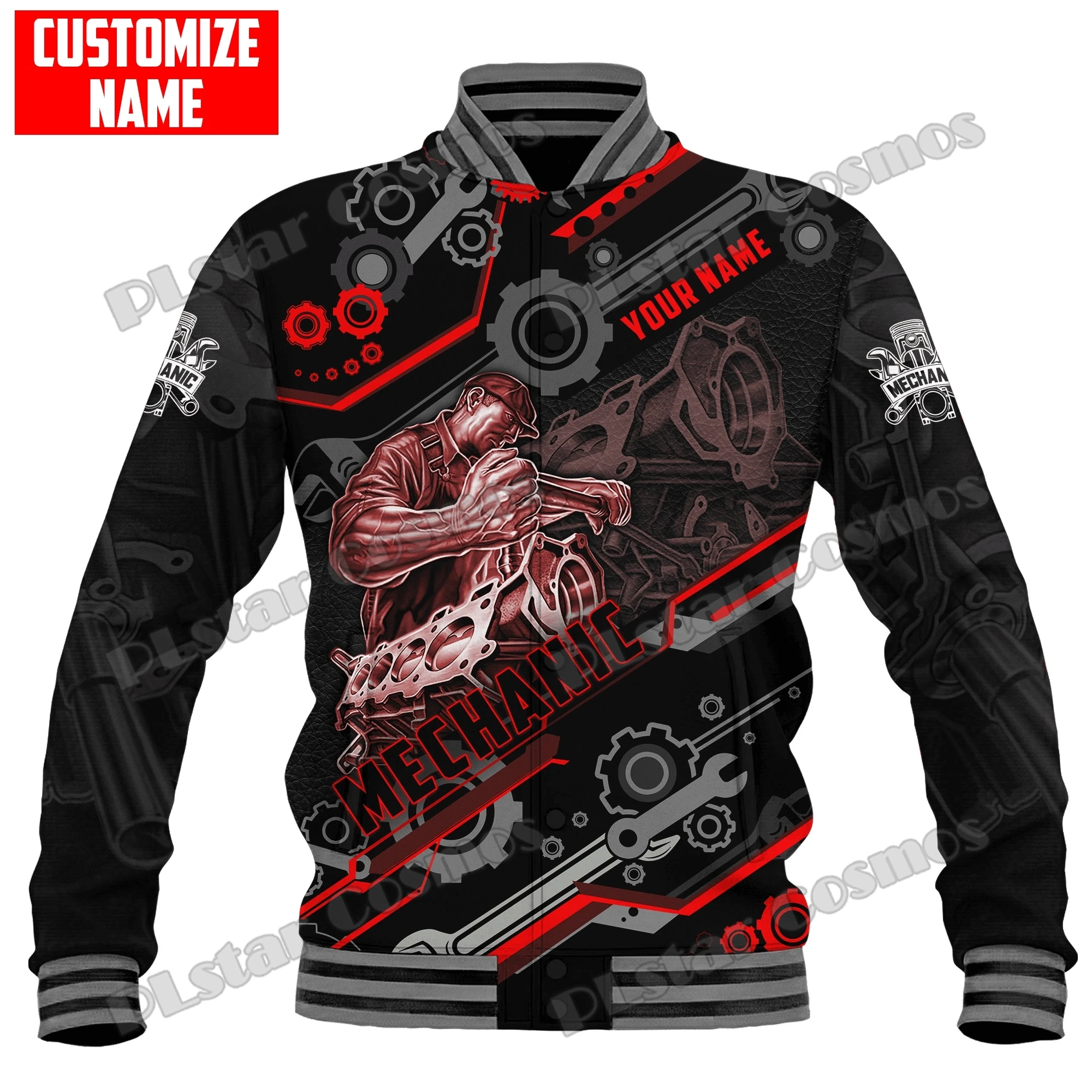 Chaqueta de béisbol con patrón mecánico con nombre personalizado para hombre, chaqueta universitaria de béisbol con estampado 3D, informal, a la moda, para invierno, BQF06