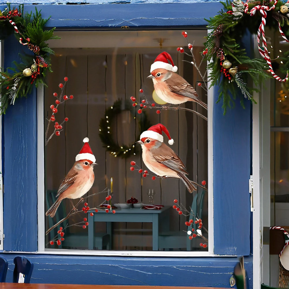 ثلاثة طيور في قبعات سانتا نافذة يتمسك عيد الميلاد موضوع ملصقات الحائط مهرجان التوت الأحمر ديكور عطلة صالح