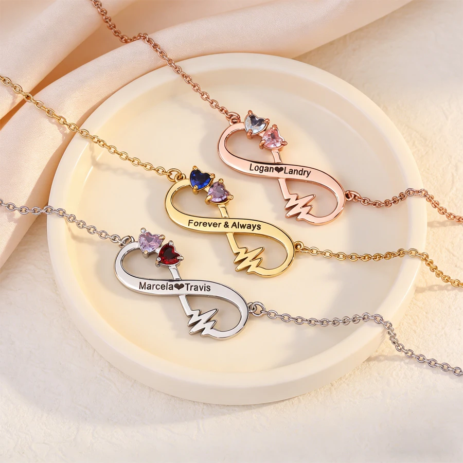 

Acheerup Personalized Engrave Name Date Infinity Necklace for Women Men Stainless Steel 2 Heart Birthstone Chain Jewelry Gifts
