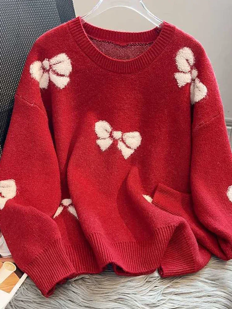 

Jmprs Christmas Red Bow Sweaters Women Loose Sweet Knitted Pullovers Korean Fashion Long Sleeve Elegant Lady Kawaii Tops Jumpers