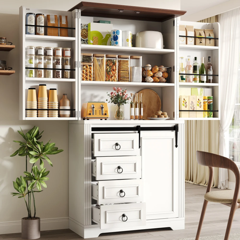 Weißer hoher Küchenschrank mit Kippschutz, seitlichem Snackregal, Soft-Close-Scharnieren, einzigartigem Griff, 4 Schubladen, verstellbaren Einlegeböden, freistehendes Aufbewahrungsmöbel für Küche und