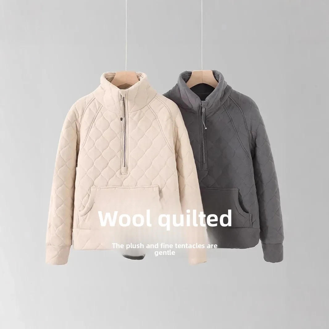 سترة نسائية من القطن الصوفي السميك من LULU بطبقات مزدوجة وسحاب وقلنسوة شتوية دافئة بياقة واقفة وأكمام كاملة