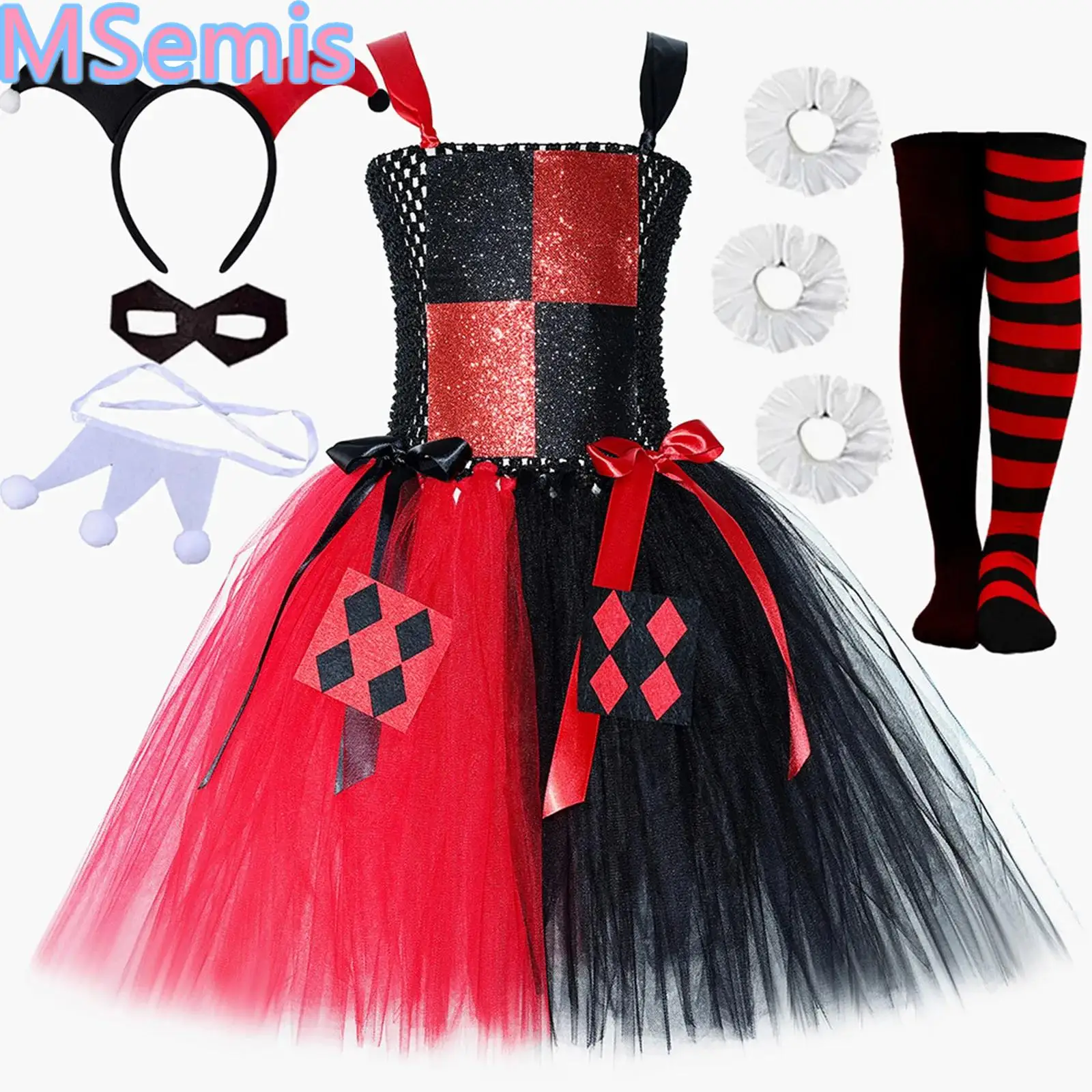 

Girls Halloween Cosplay Queen Gown Tutu Dress Circus Clown Costume Hollow Out Patchwork Puffy Dress Christmas Birthday Party Set