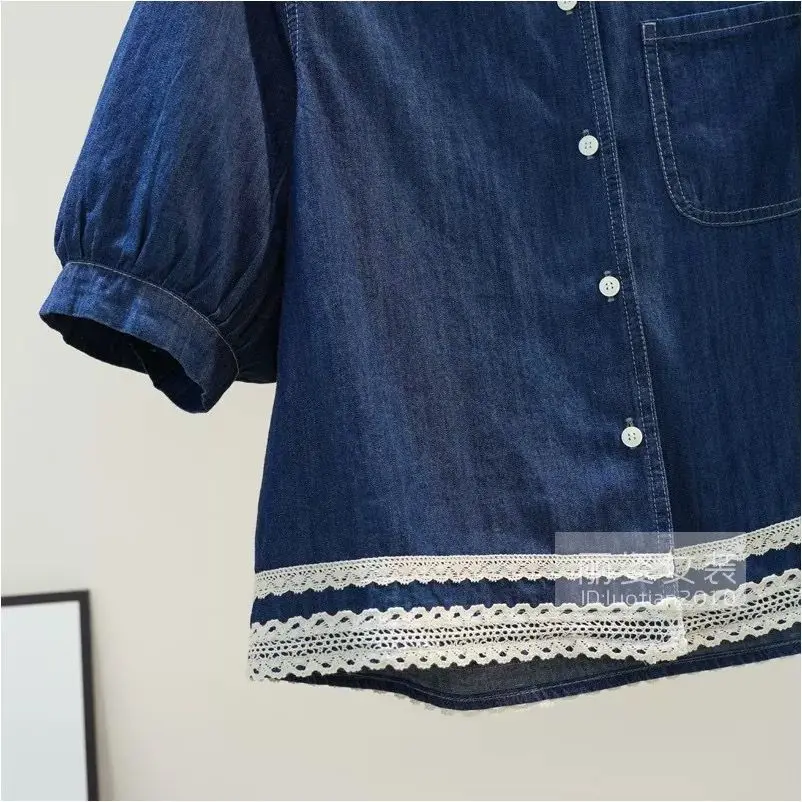 Nuova camicia estiva a maniche corte in denim da donna colletto rovesciato patchwork in pizzo camicetta casual retrò da donna