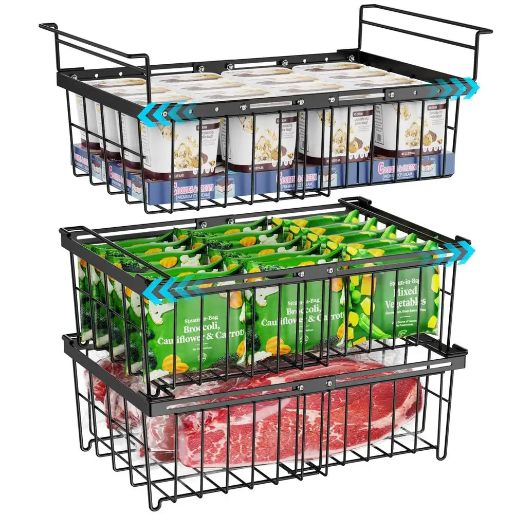 Large Adjustable Hanging Baskets Stackable Metal Freezer Organizer Bins 3 Pack Fit 17.7-23.2 Inch Chest Freezer Orderly Sort