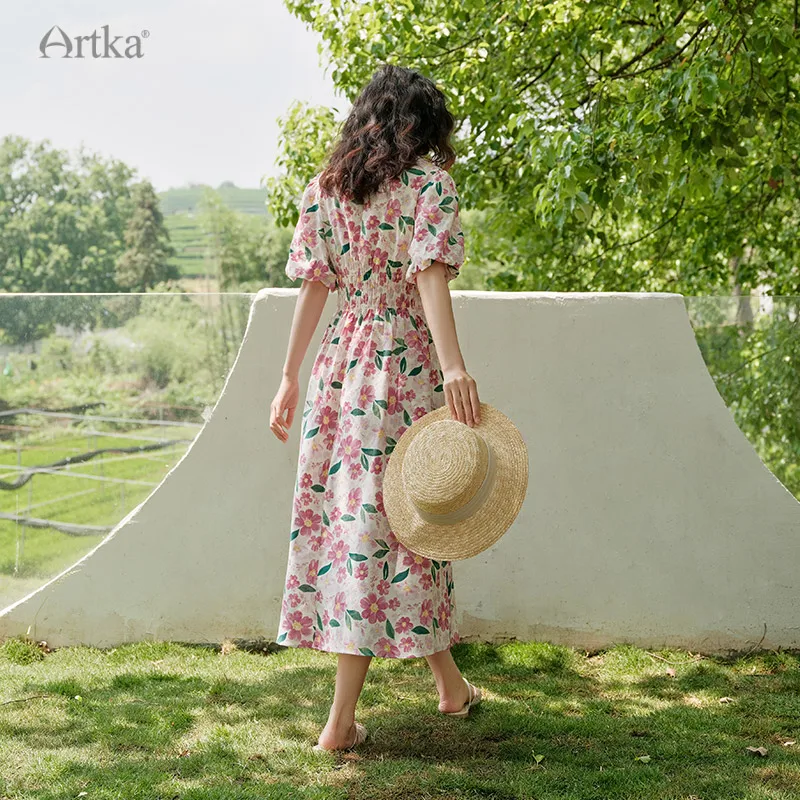 ARTKA 2023 Summer New Women Dress Elegant Loose Floral Prints Dresses O-Neck High Waist Puff Sleeve Long Dress Female LA29325X