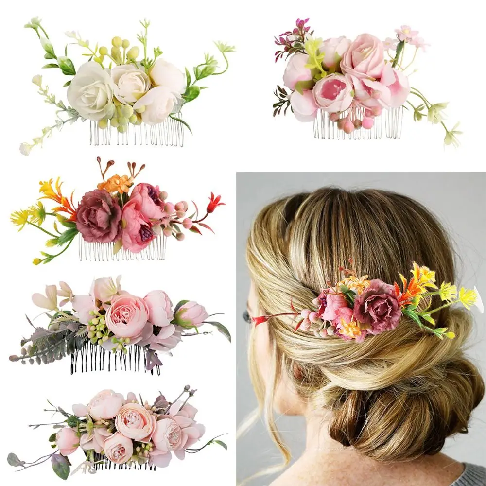 Flower Hair Comb Elegant Bridal Crystal Hair Ornaments Rustic Wedding Floral Women Flower Leaf Hair Comb Brides Hair Accessories