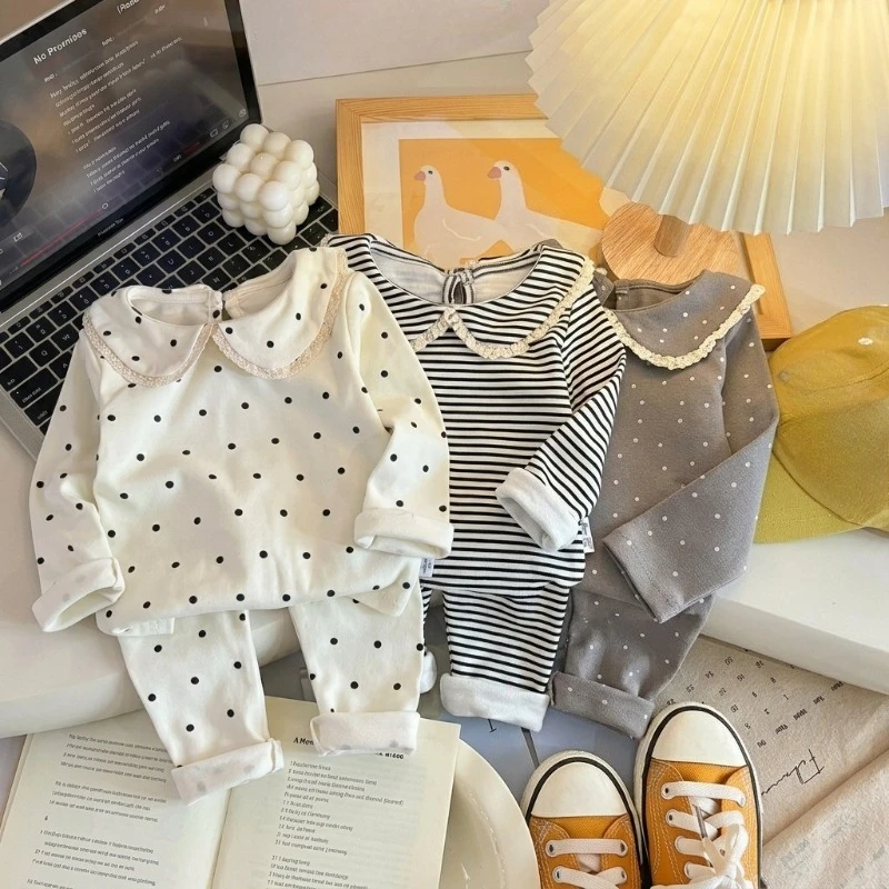 Children's Sleepwear Set Full Print Striped Round Neck Long Sleeve tops Soft Pants Homewear Spring Autumn Clothes Korean Style