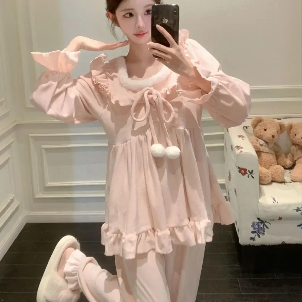 Soft Mdouble-Sided Plush Nightwear Warm Sweet Princess Style Home Clothes 2Pcs Pajamas Women's Sleep Suit Ruffles Bow Sleepwear