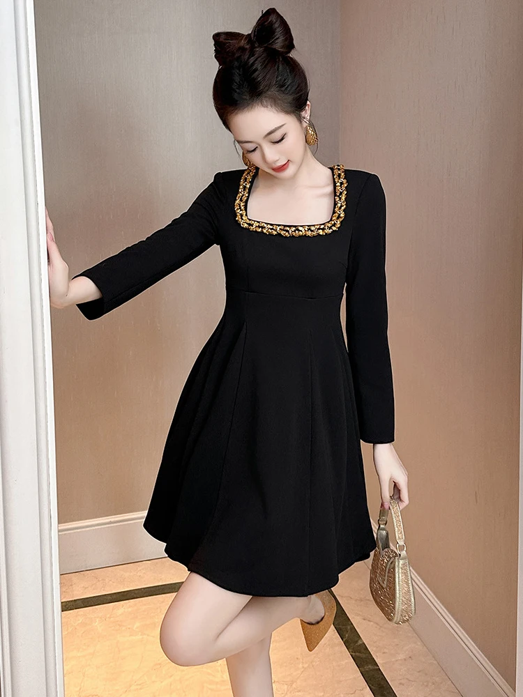 Women Clothes Black Gold Sequin Square Neck Slim Mini Short A-Line Dress Elegant Luxury Fashion Evening Party Prom Vestidos New