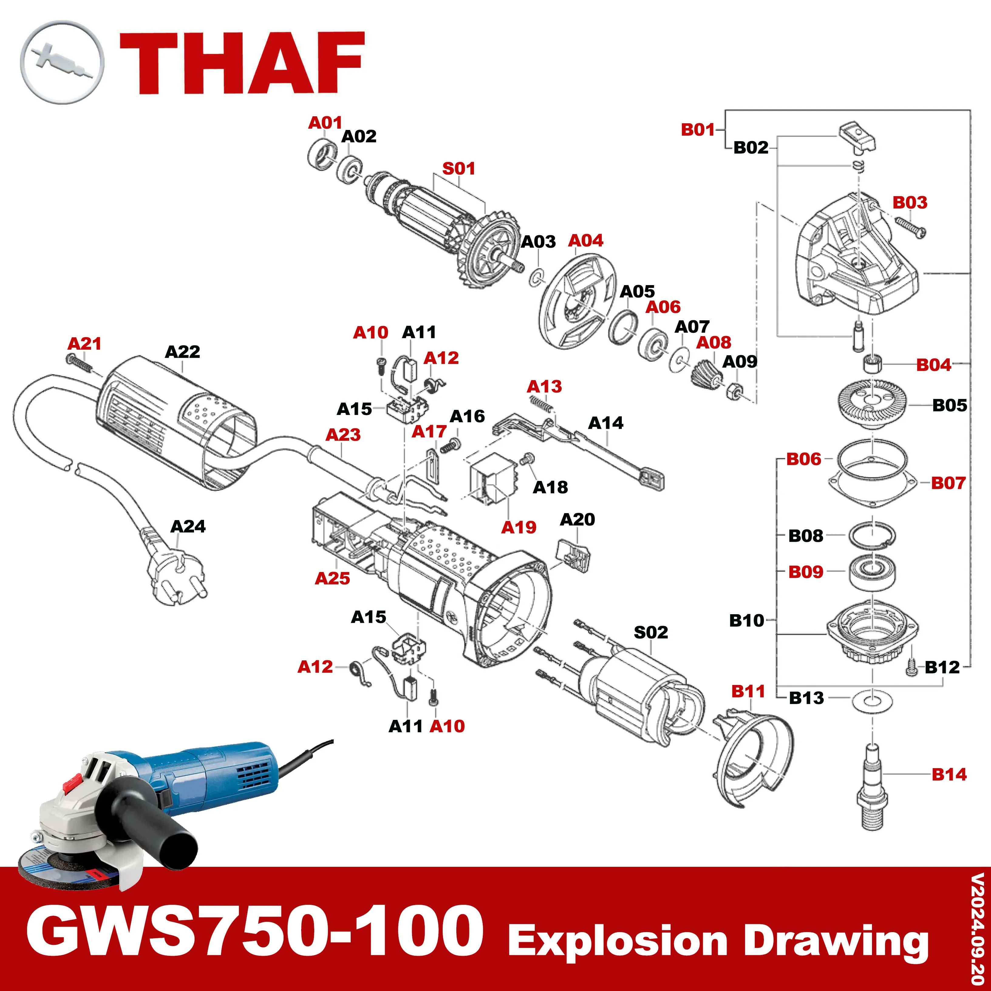 Запасные части для угловой шлифовальной машины BOSCH GWS750-100 GWS 750-100 S