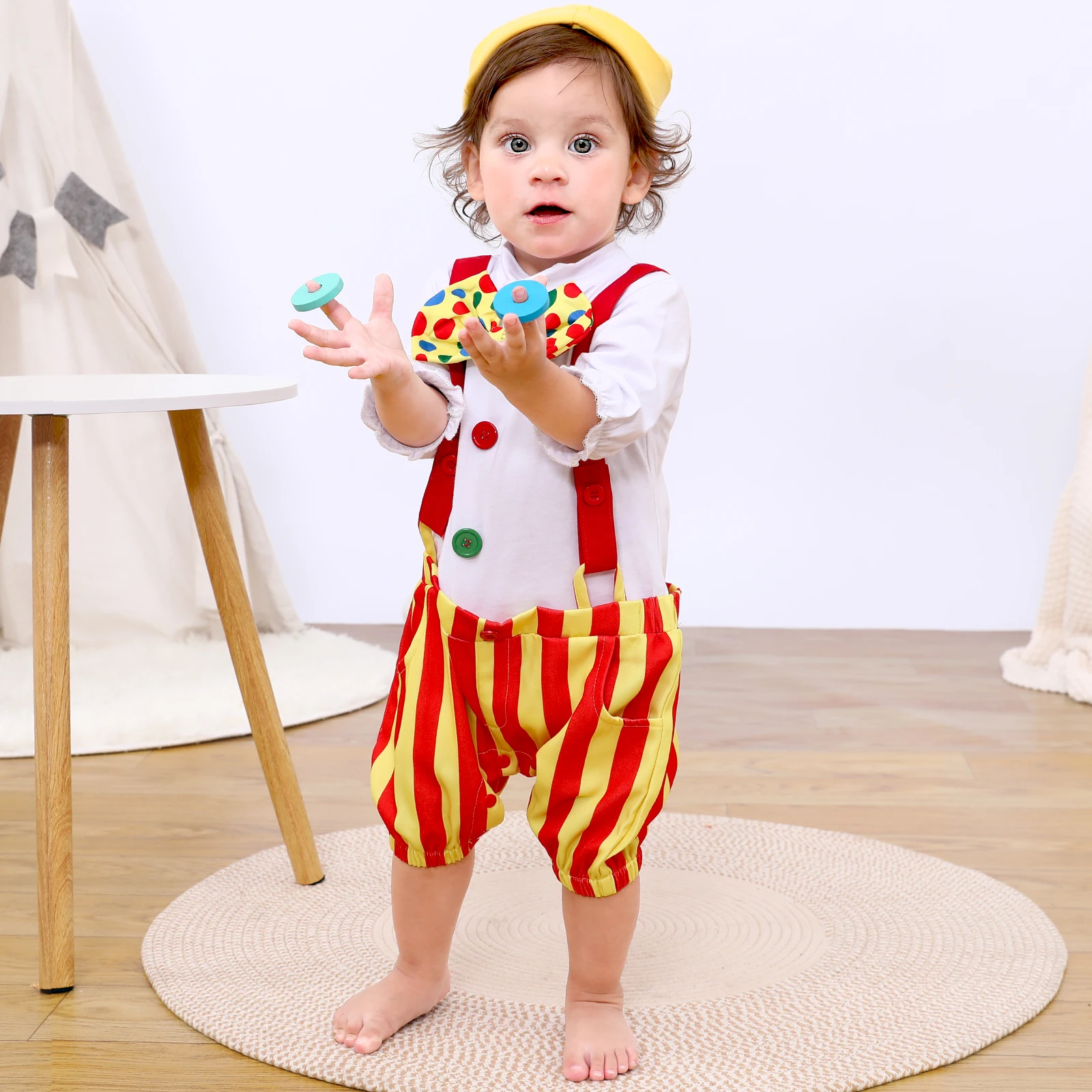 Disfraz de payaso para bebé, Carnaval, Purim, mono de circo para niños y niñas, conjuntos de trajes de Cosplay de Halloween con sombrero