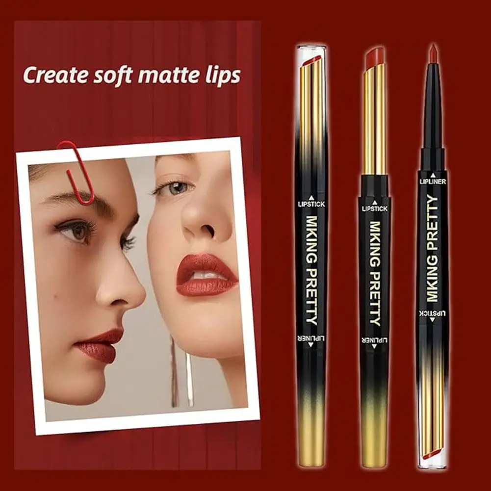 Double Ended Matte Lipstick Women Lip Liner 2 In 1 Lipstick Waterproof Makeup Lipstick Red Nude Lips Cosmetic Matte E6F8