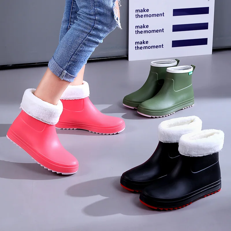 Women\'s Adult Fashion New Rain Boots Short Tube Waterproof Non-slip Rain Boots Warm Plus Cotton Work Rain Boots Size 36-40