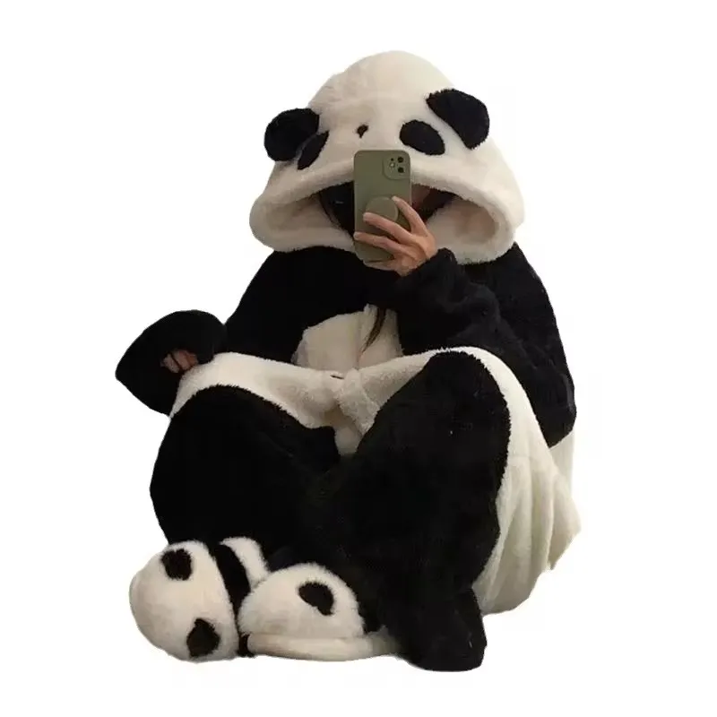 Panda Cute Hooded Women Bathrobe Autumn Winter Robes Animal Nightgown Halloween Cartoon Pajamas Robe Pants Fleece Girls Homewear