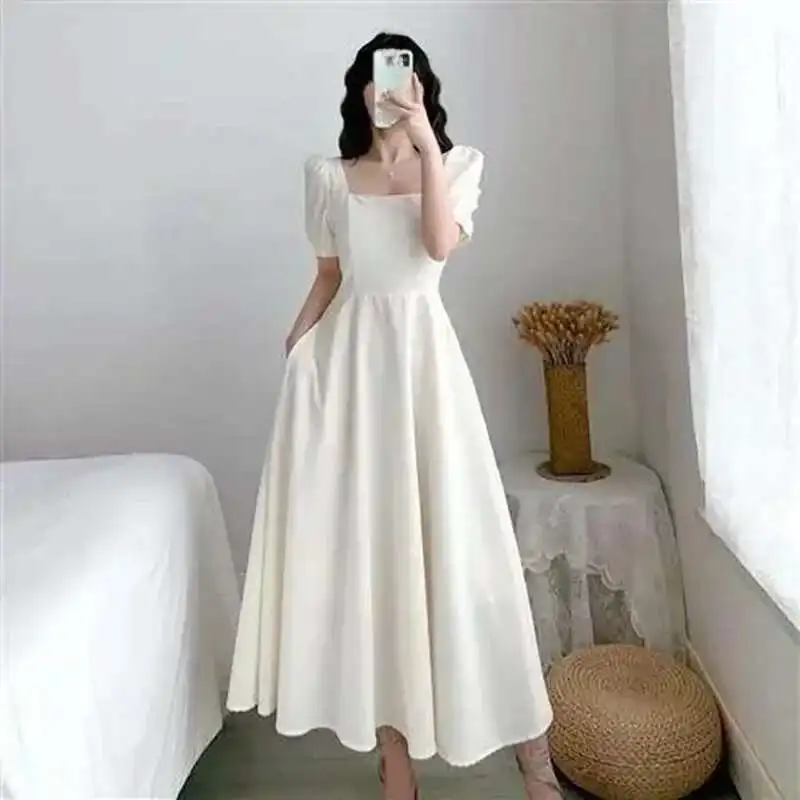 Slim Fit Women White Dress Bubble Sleeve Square Neck Light Wind Long Skirt Summer Casual Korean Style