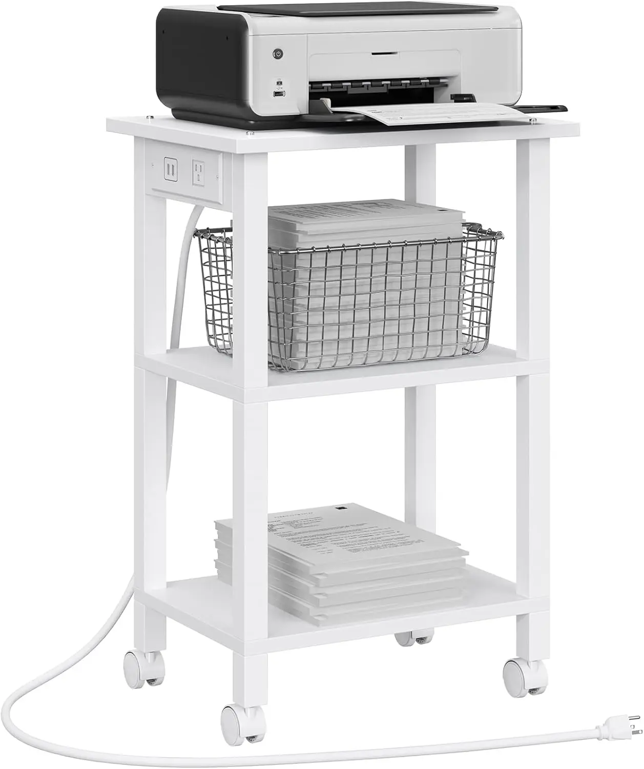 

3-Tier Rolling Printer Cart with Power Outlets & USB Ports, Mobile Table for Under Desk, Office, Home Use