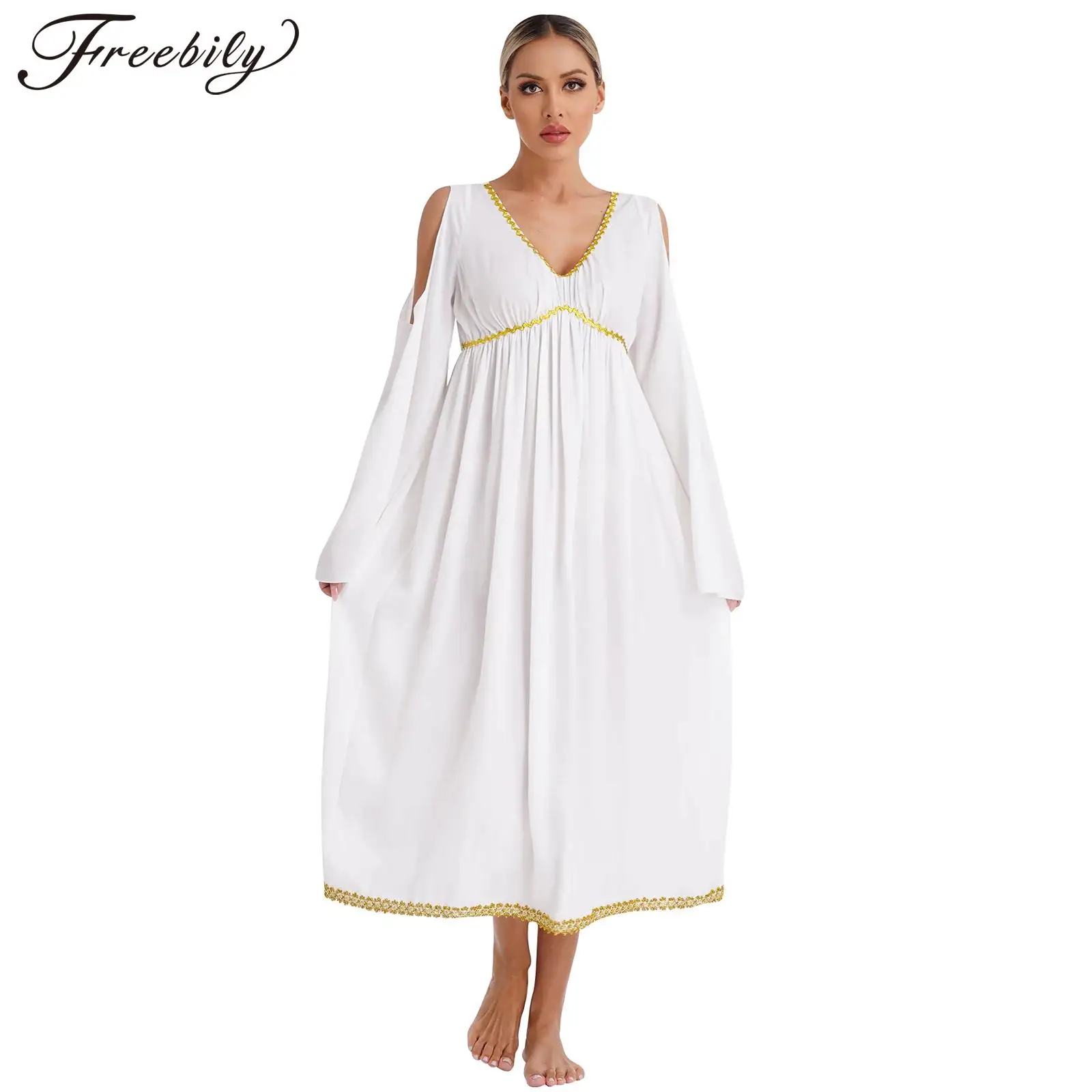 Women Halloween Ancient Greek Angel Athena Goddess Cosplay Costume Roman Toga Cold Shoulder Chiffon Dress Church Choir Gown