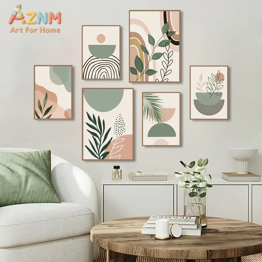 AZNM Boho Abstract Green Leaf Canvas Wall Art Mid Century Geometric Shape Plant Print Poster Neutral Beige Sage Minimalist Art f