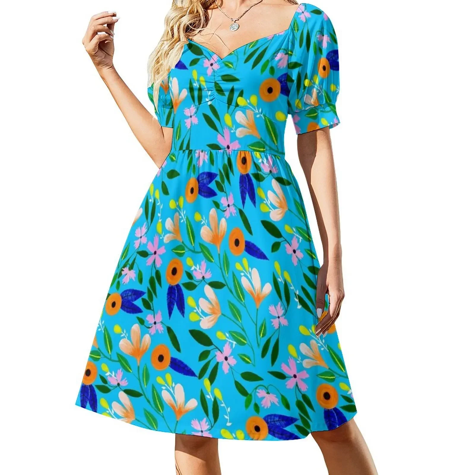 

Flowers on blue Short-Sleeved Dress dress korean style Women's summer suit elegant and pretty women's dresses Dress