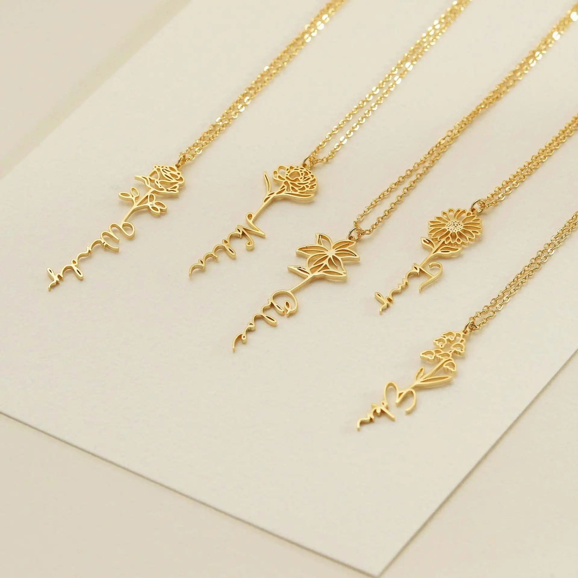 Personalized Birth Month Flower Necklace, Custom Engraved Name Pendant, Floral Stem Botanical Jewelry, Meaningful Gift